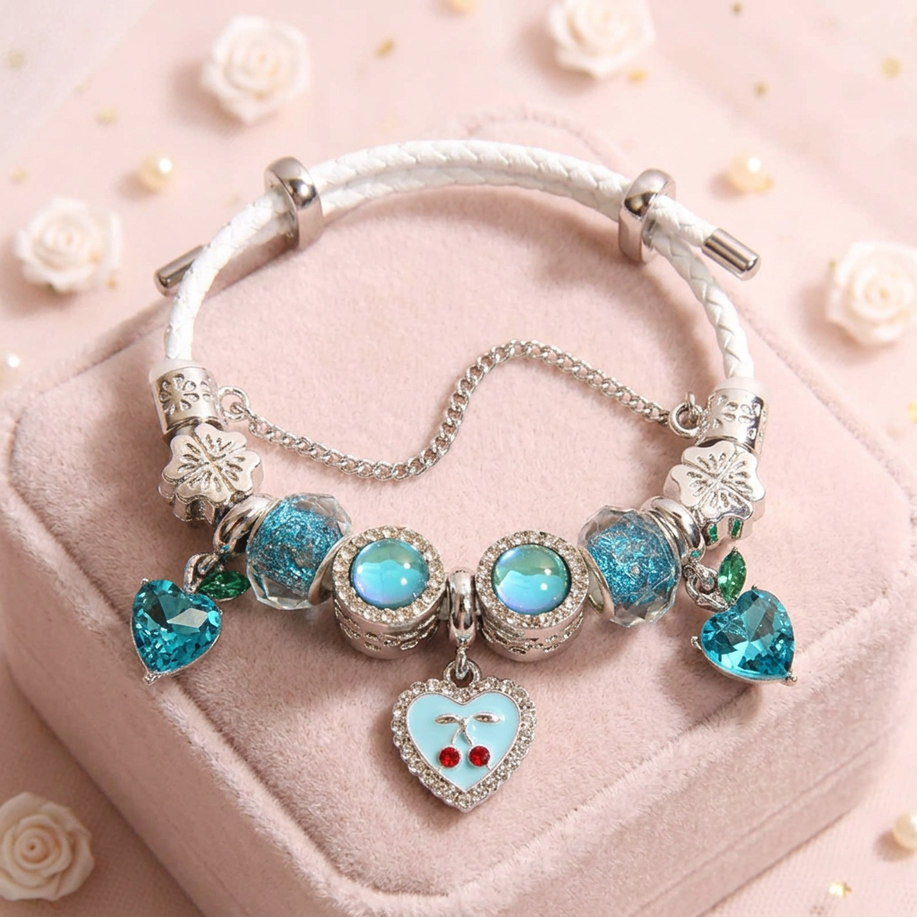 Sweet Cherry Heart Charm Bracelet