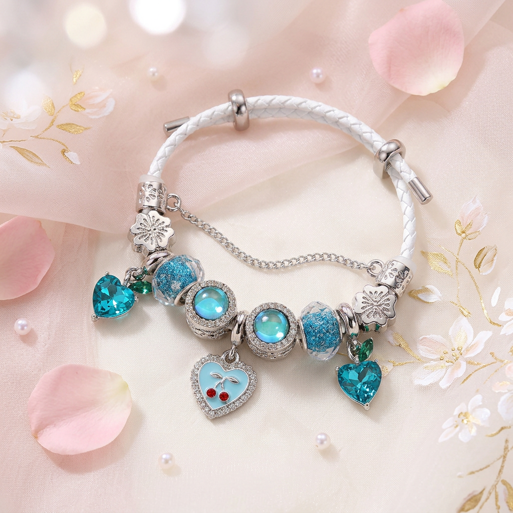 Sweet Cherry Heart Charm Bracelet