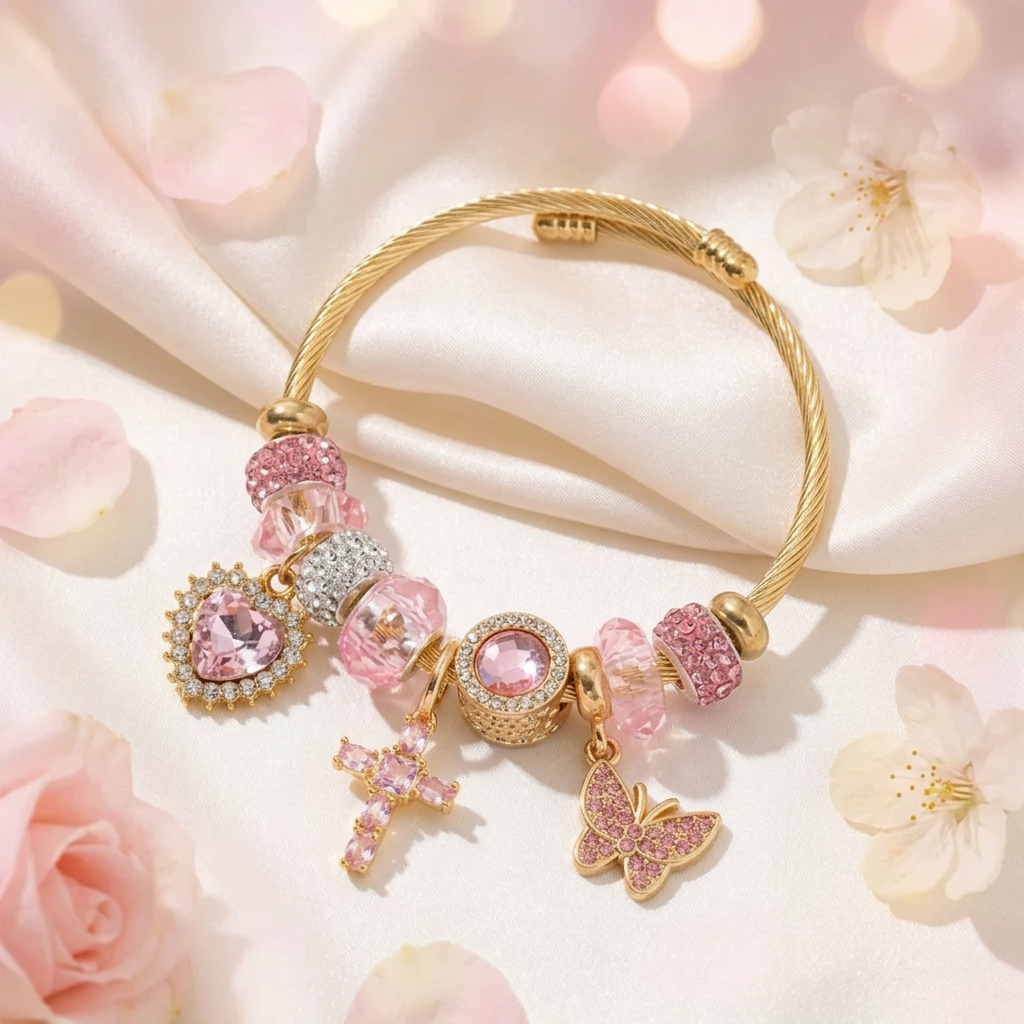 Crystal Cross & Butterfly Charm Bangle