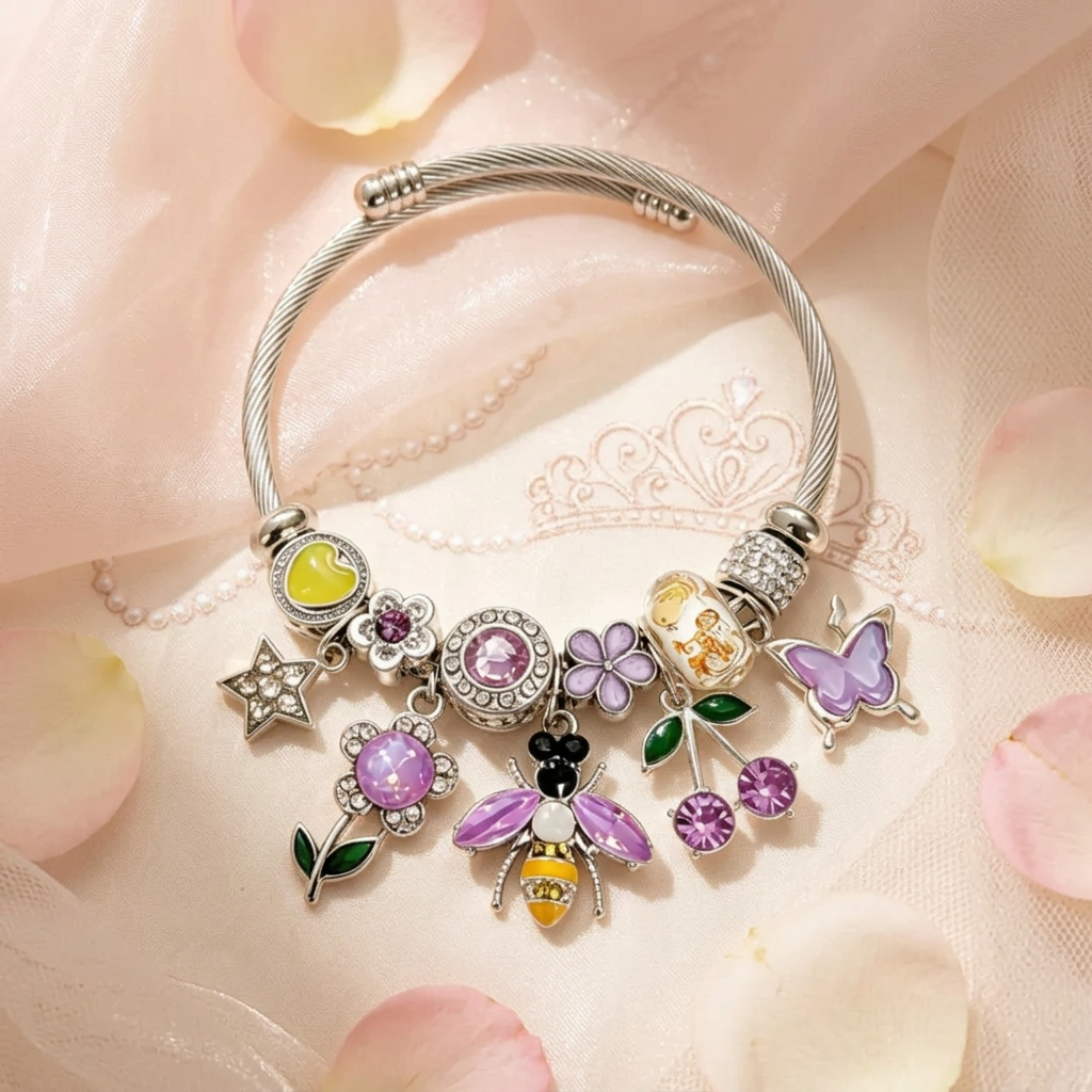 Enchanted Garden Bumblebee & Cherry Charm Bangle