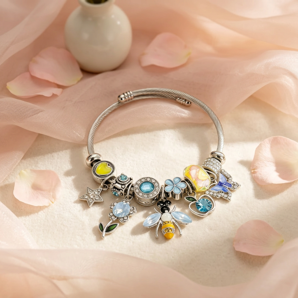 Enchanted Garden Bumblebee & Cherry Charm Bangle
