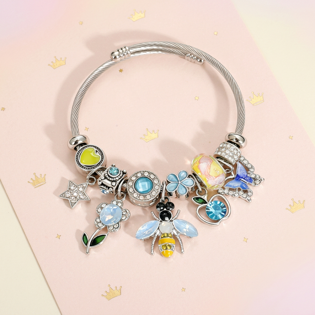 Enchanted Garden Bumblebee & Cherry Charm Bangle