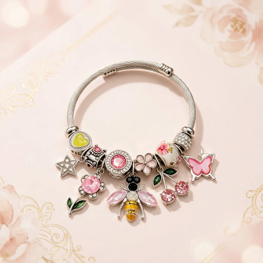 Enchanted Garden Bumblebee & Cherry Charm Bangle