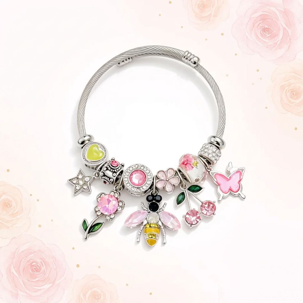 Enchanted Garden Bumblebee & Cherry Charm Bangle