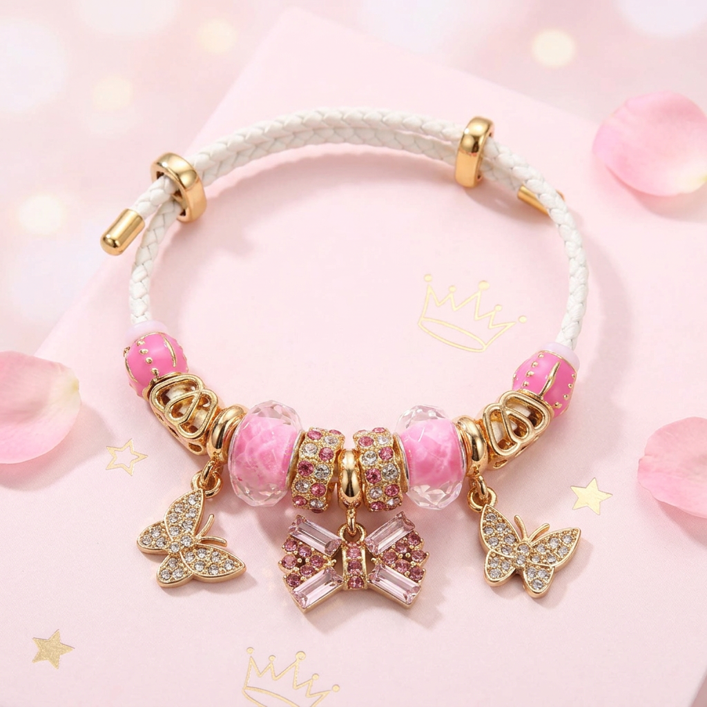 Pink Crystal Bow & Butterfly Charm Bracelet