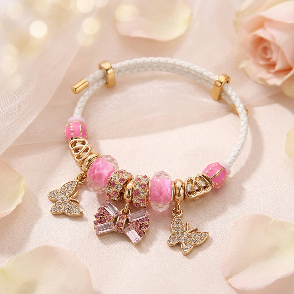 Pink Crystal Bow & Butterfly Charm Bracelet