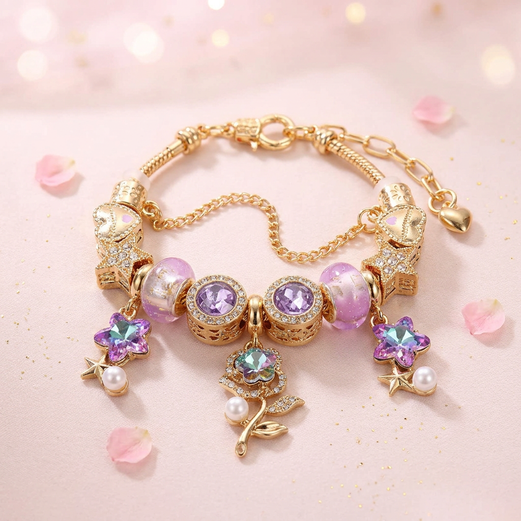 Celestial Lavender Rose Charm Bracelet