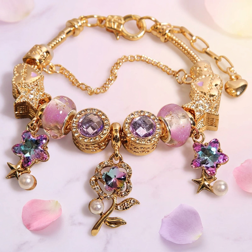 Celestial Lavender Rose Charm Bracelet