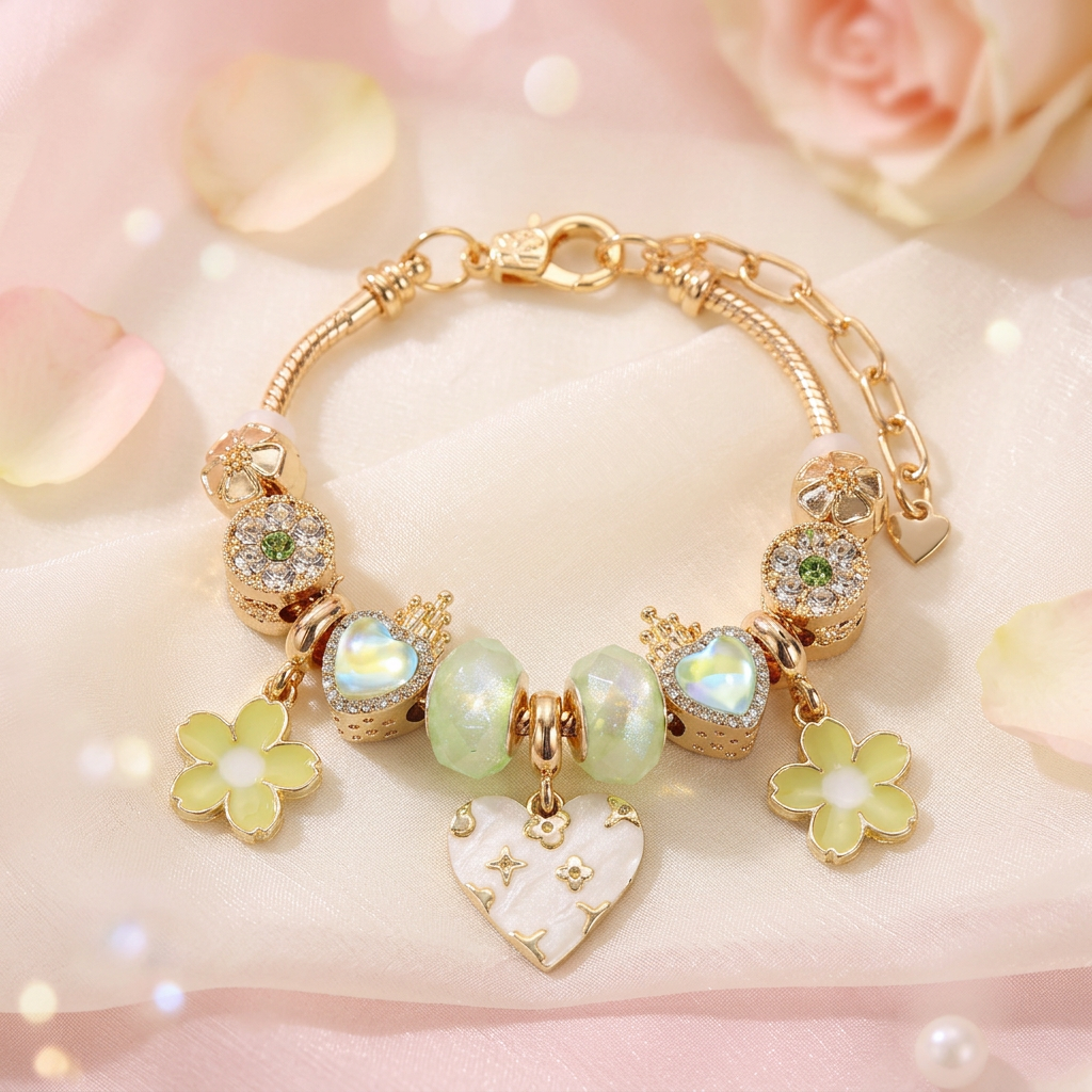 Monogram Heart & Spring Blossom Charm Bracelet
