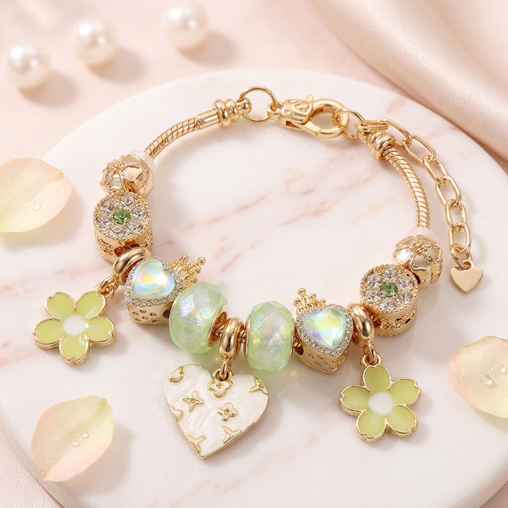 Monogram Heart & Spring Blossom Charm Bracelet