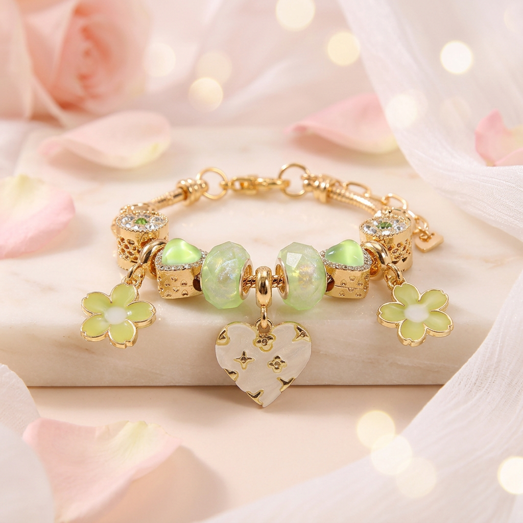 Monogram Heart & Spring Blossom Charm Bracelet