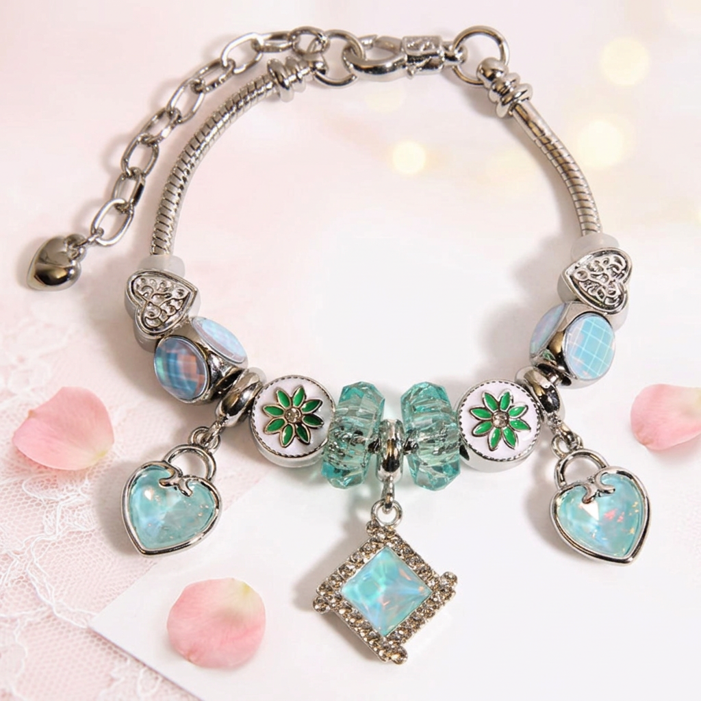 Geometric Opal Rhombus & Teal Crystal Charm Bracelet