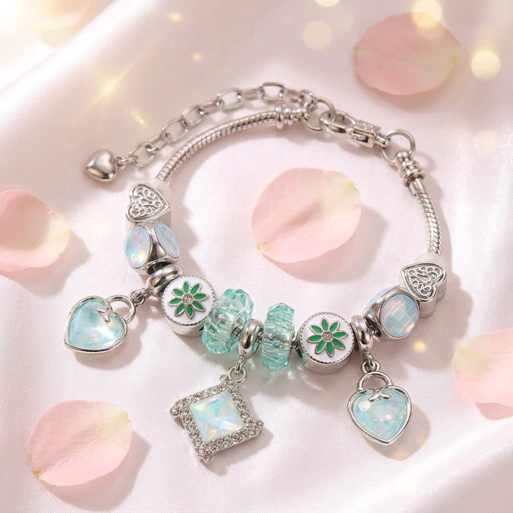 Geometric Opal Rhombus & Teal Crystal Charm Bracelet