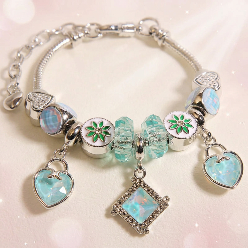 Geometric Opal Rhombus & Teal Crystal Charm Bracelet