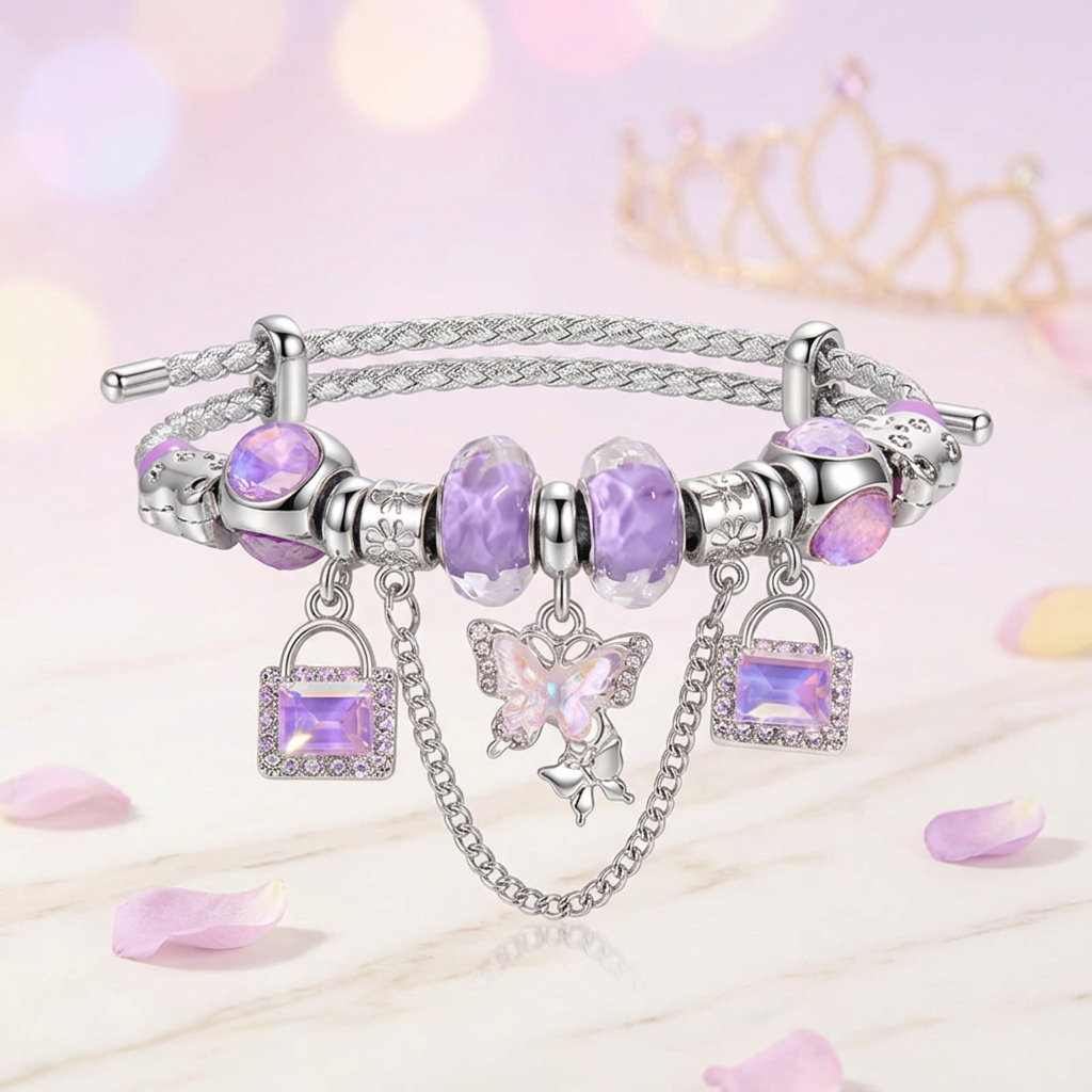 Enchanted Lavender Butterfly & Padlock Charm Bracelet
