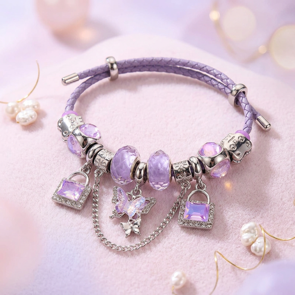 Enchanted Lavender Butterfly & Padlock Charm Bracelet