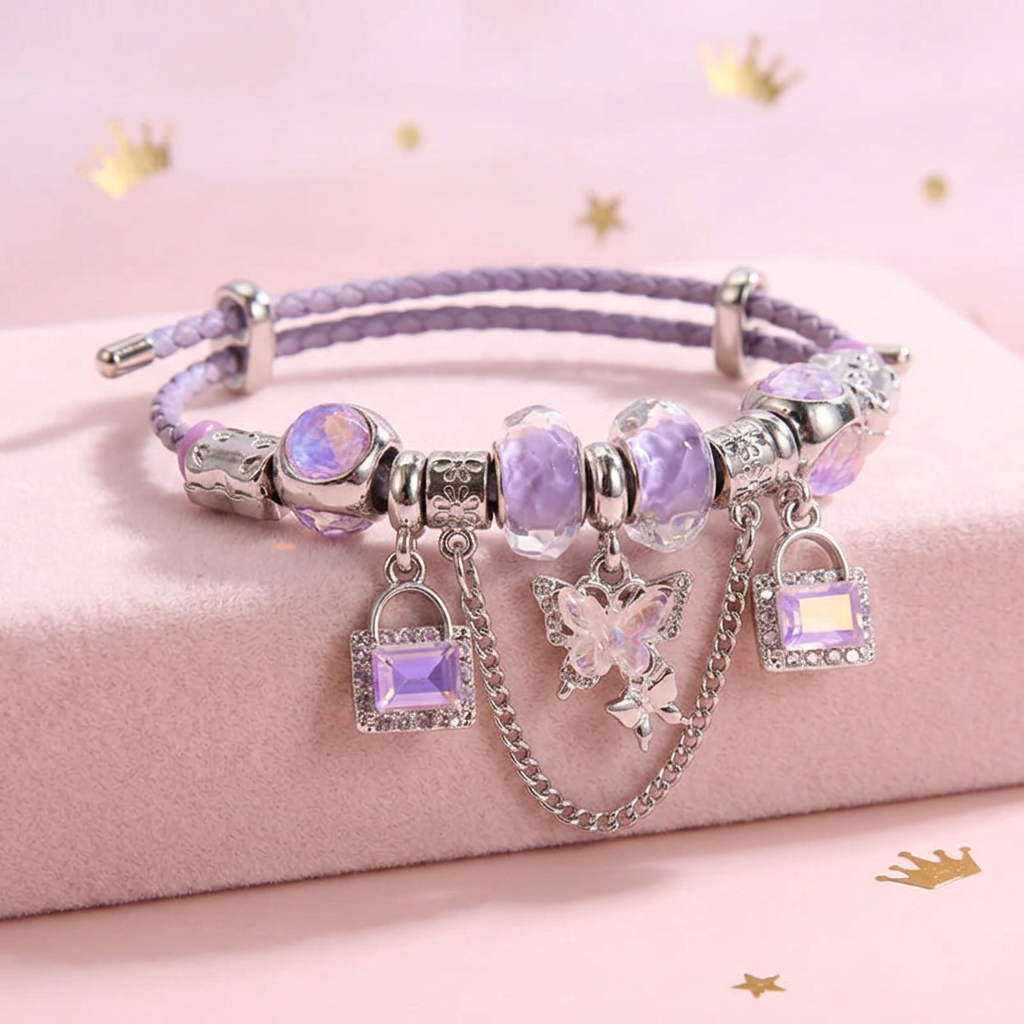 Enchanted Lavender Butterfly & Padlock Charm Bracelet