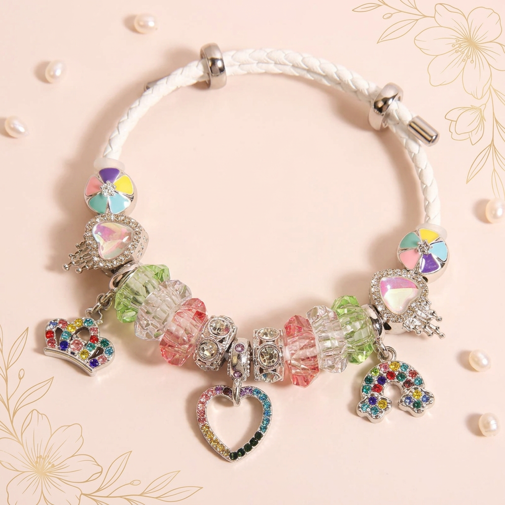 Rainbow Prism Heart & Crown Charm Bracelet