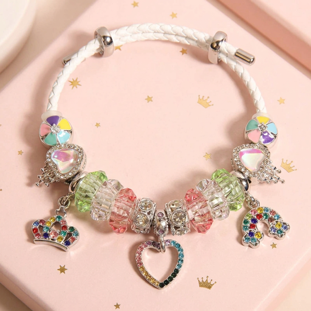 Rainbow Prism Heart & Crown Charm Bracelet