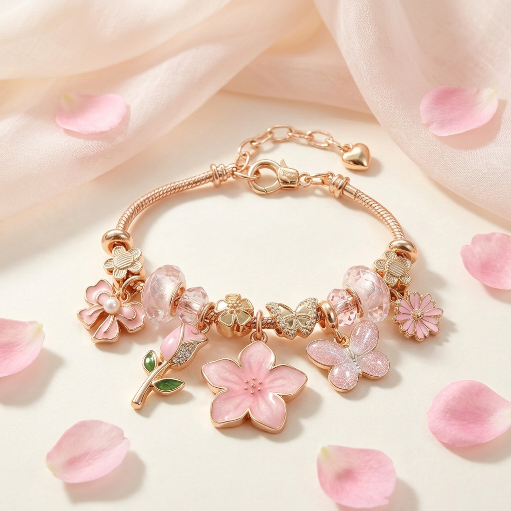Sakura Blossom & Fluttering Butterfly Charm Bracelet