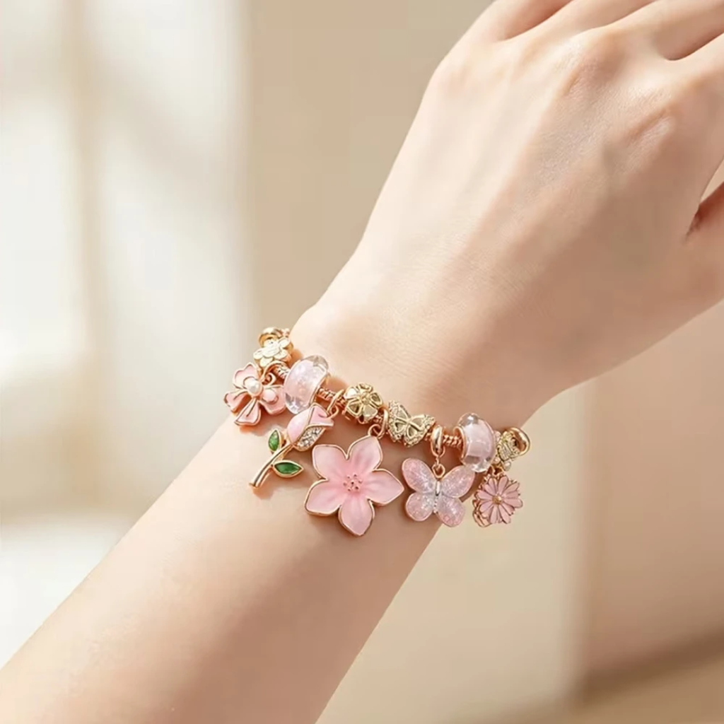 Sakura Blossom & Fluttering Butterfly Charm Bracelet