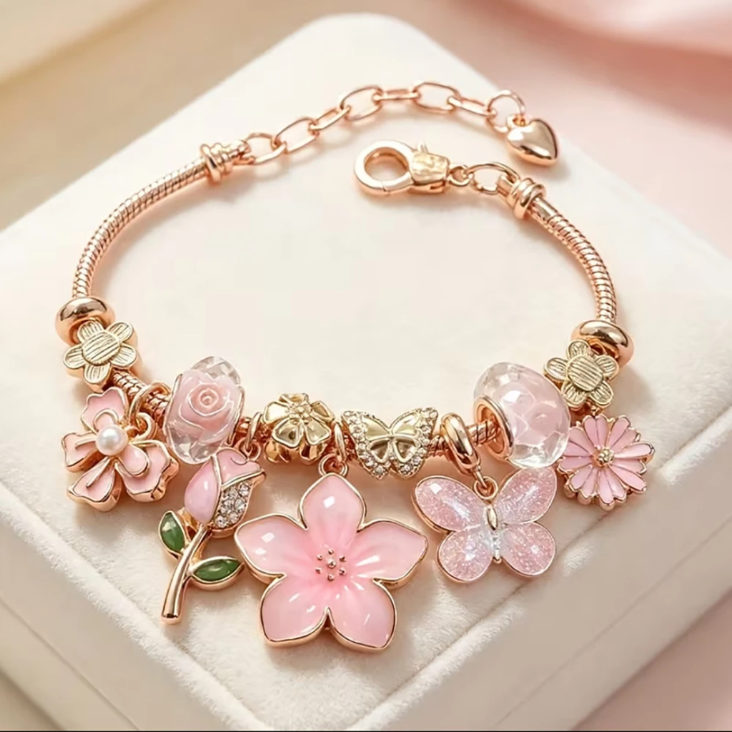 Sakura Blossom & Fluttering Butterfly Charm Bracelet
