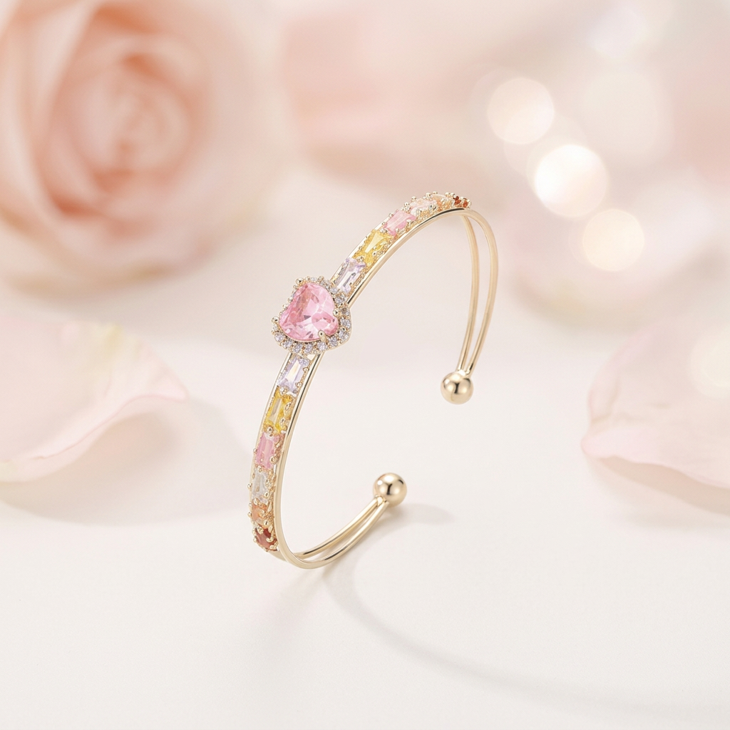 Luxury Crystal Heart Open Cuff Bangle