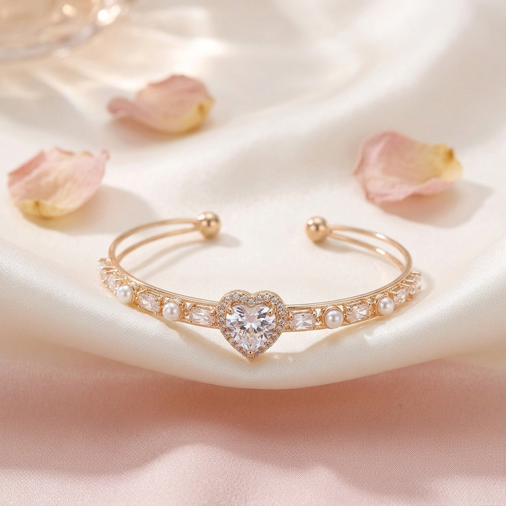 Luxury Crystal Heart Open Cuff Bangle