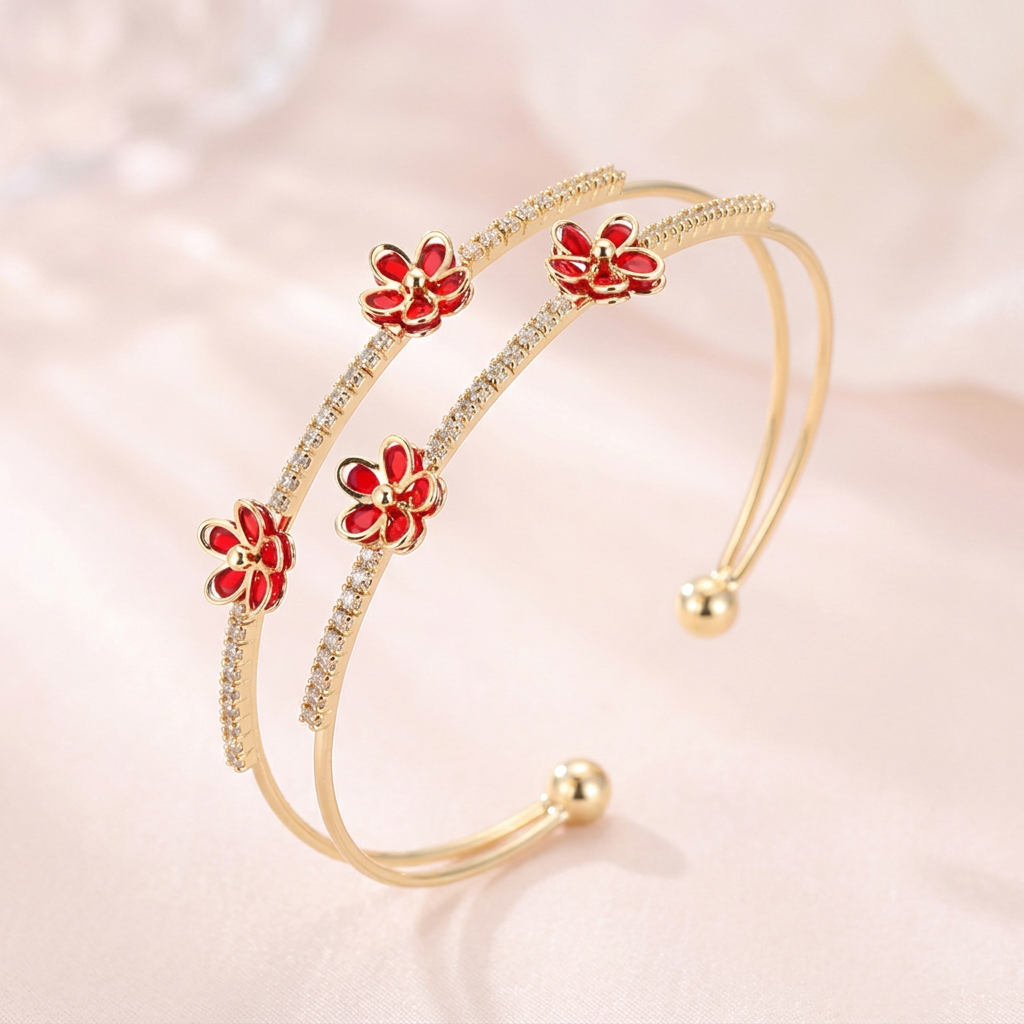 Layered Blossom Open Cuff Bangle