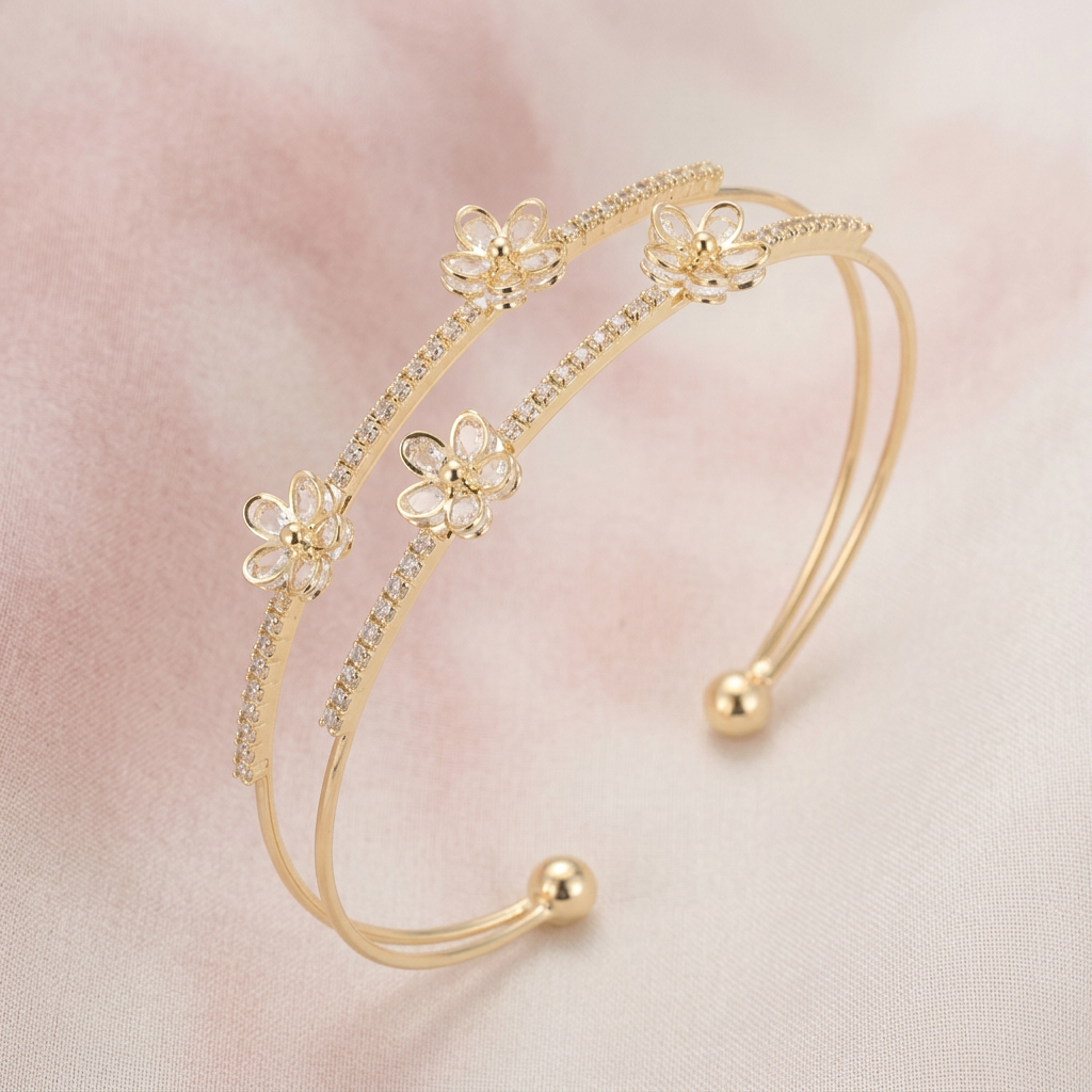 Layered Blossom Open Cuff Bangle