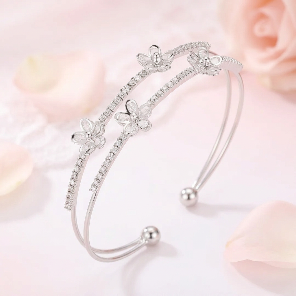 Layered Blossom Open Cuff Bangle