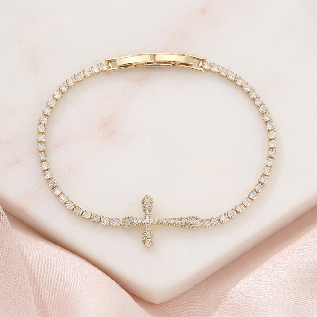 Dainty Crystal Sideways Cross Tennis Bracelet