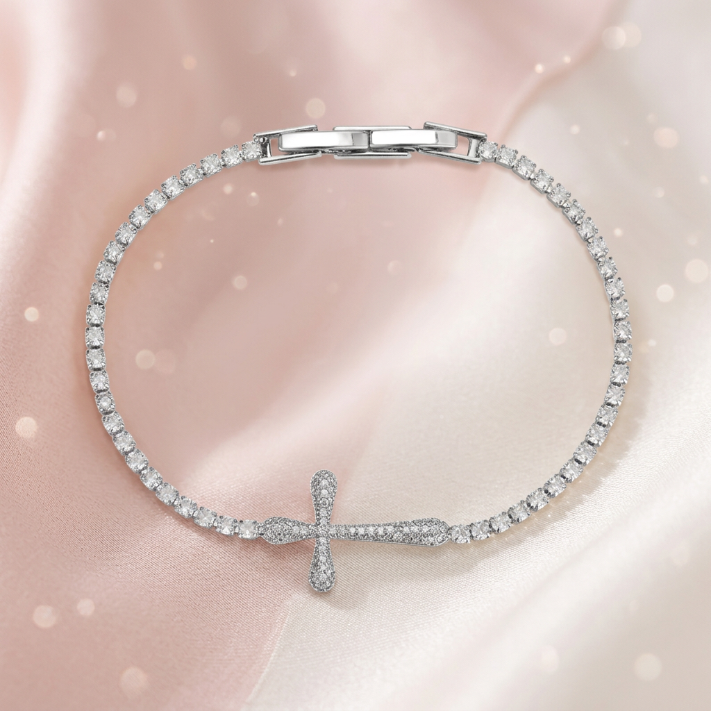 Dainty Crystal Sideways Cross Tennis Bracelet