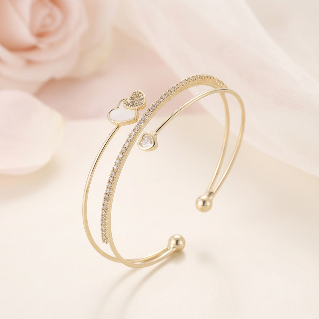 Layered Heart Open Cuff Bangle
