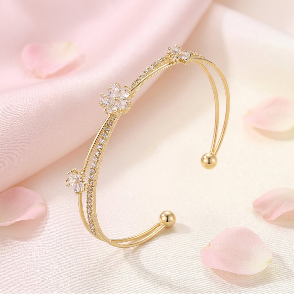Layered Blossom Open Cuff Bangle