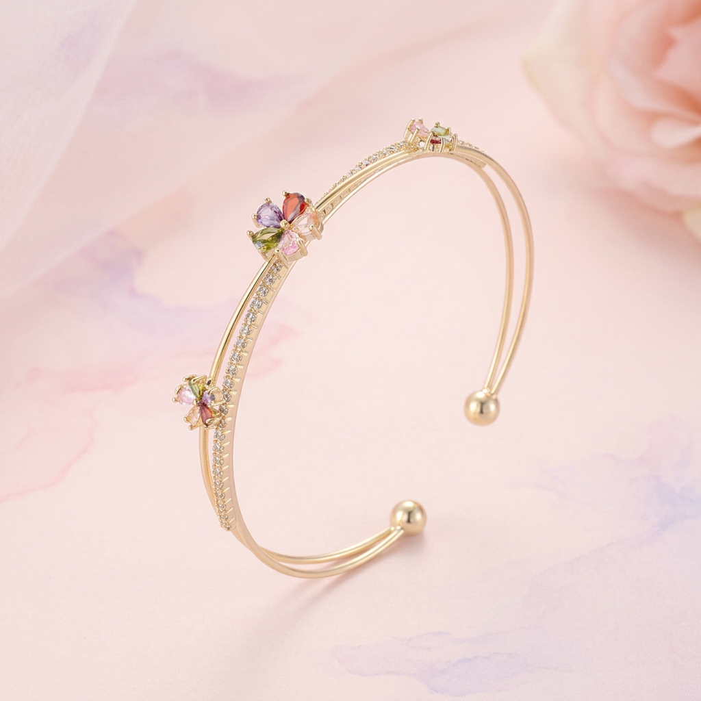 Layered Blossom Open Cuff Bangle