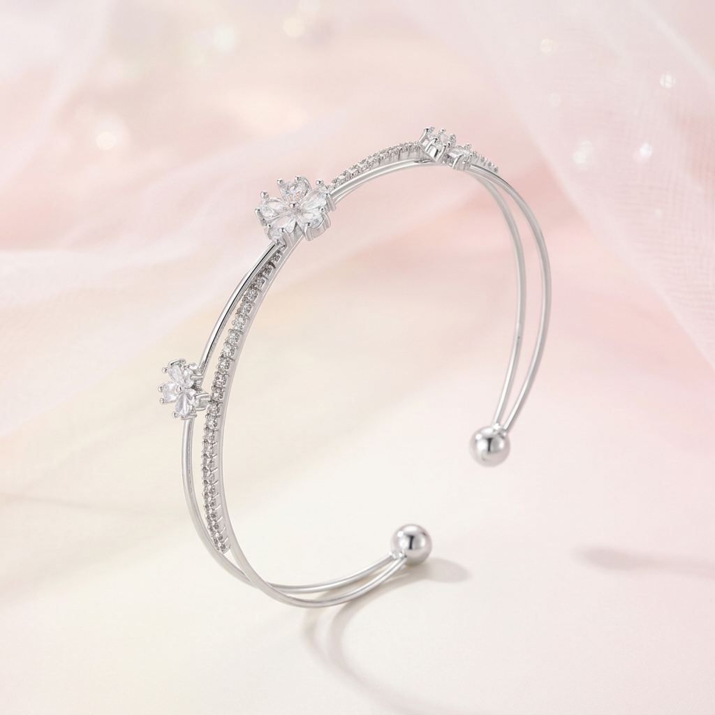 Layered Blossom Open Cuff Bangle