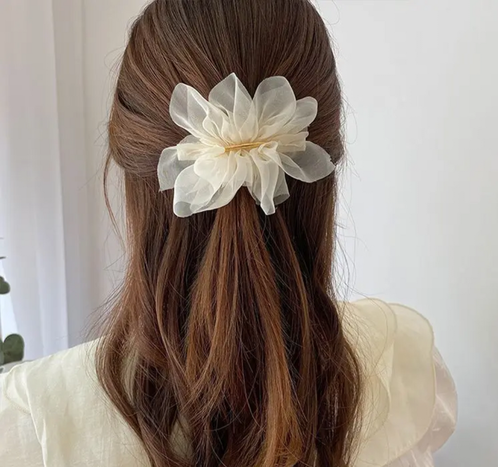 Chiffon Ruffle Flower Hair Clip with Sleek Gold Bar Accent