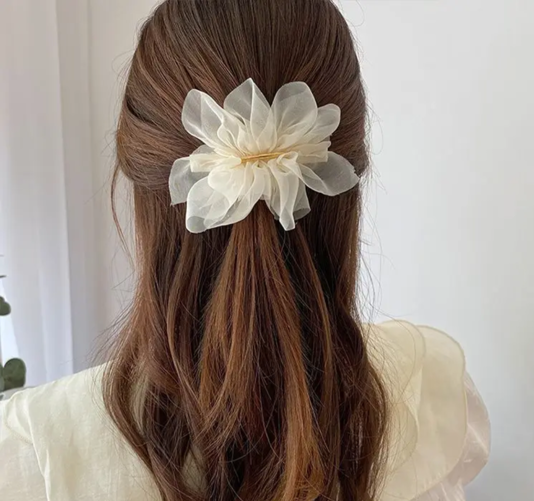 Chiffon Ruffle Flower Hair Clip with Sleek Gold Bar Accent