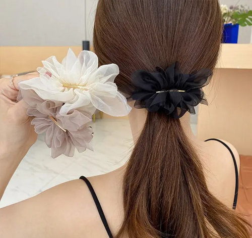 Chiffon Ruffle Flower Hair Clip with Sleek Gold Bar Accent