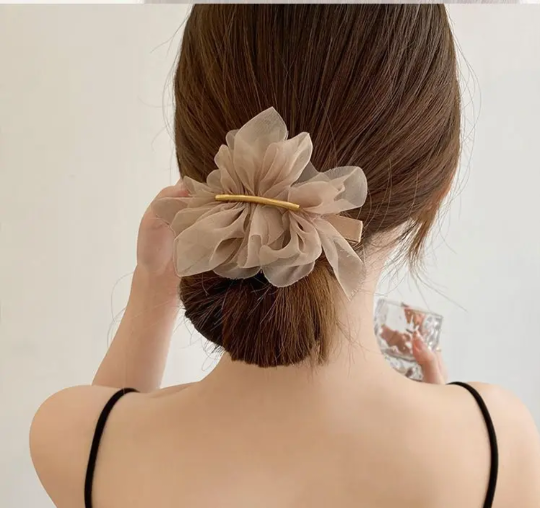 Chiffon Ruffle Flower Hair Clip with Sleek Gold Bar Accent