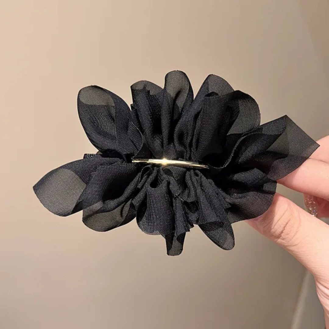 Chiffon Ruffle Flower Hair Clip with Sleek Gold Bar Accent
