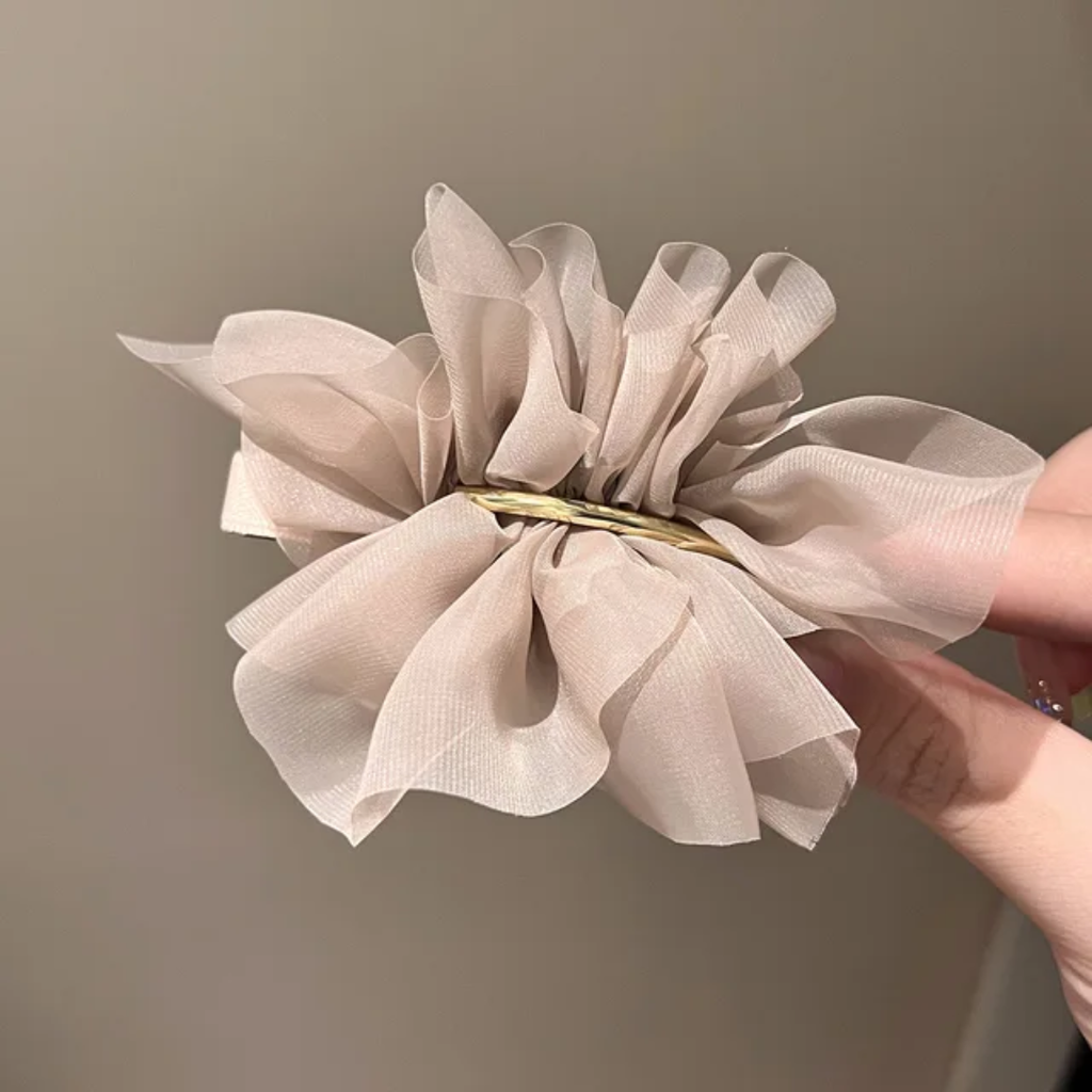 Chiffon Ruffle Flower Hair Clip with Sleek Gold Bar Accent