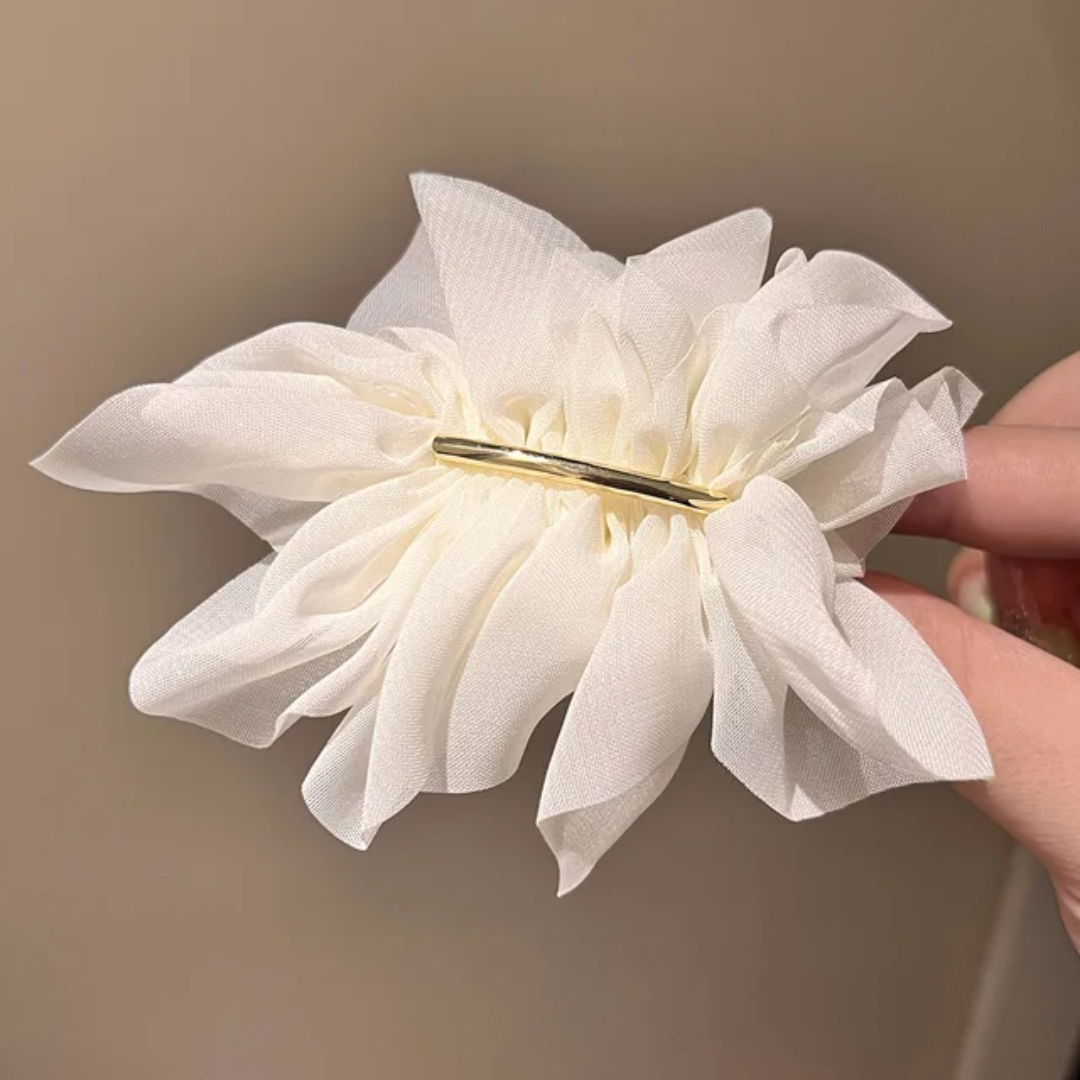 Chiffon Ruffle Flower Hair Clip with Sleek Gold Bar Accent
