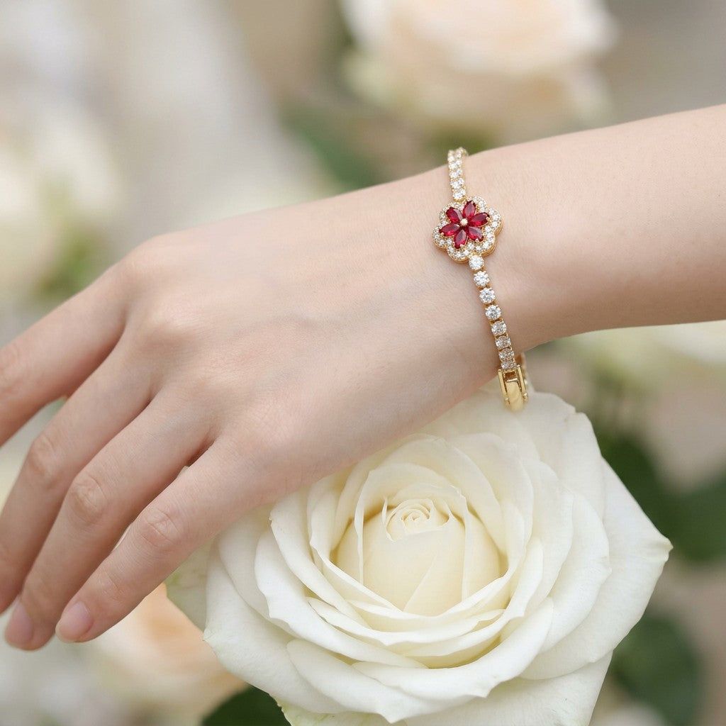 Sparkling Zircon Floral Tennis Bracelet – Elegant Clover Flower Crystal Link Bracelet for Women