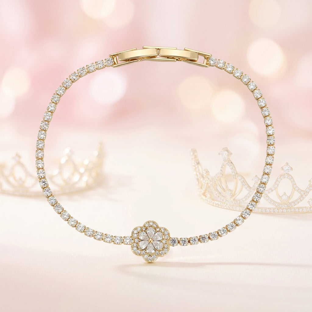Sparkling Zircon Floral Tennis Bracelet – Elegant Clover Flower Crystal Link Bracelet for Women