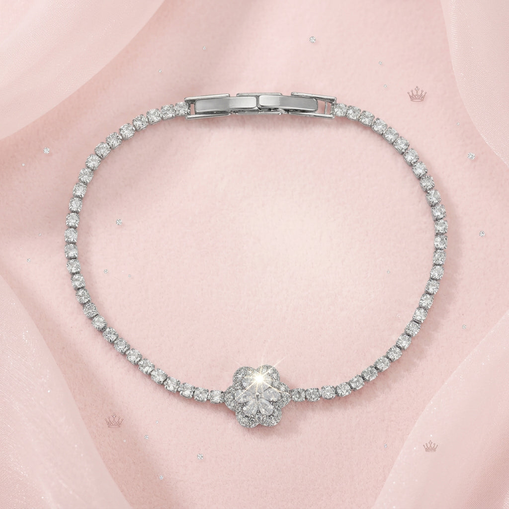 Sparkling Zircon Floral Tennis Bracelet – Elegant Clover Flower Crystal Link Bracelet for Women