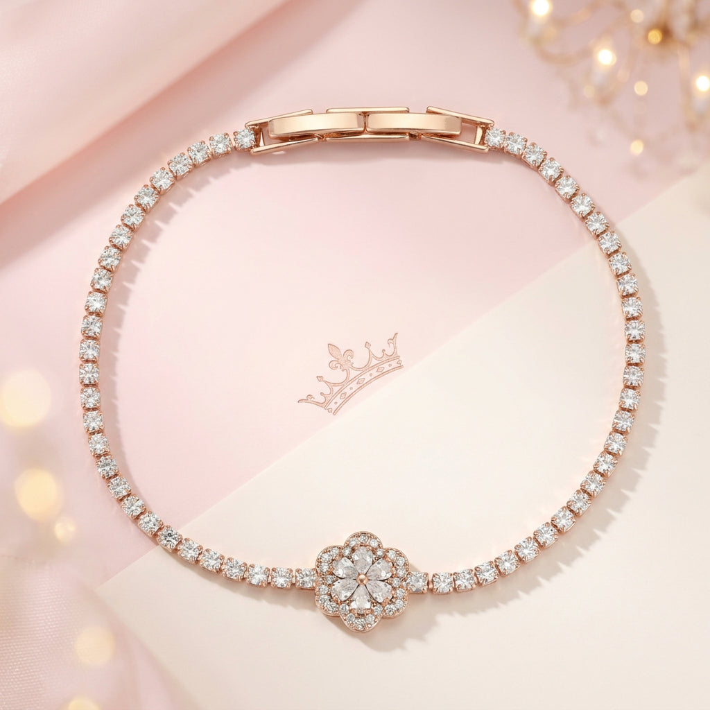 Sparkling Zircon Floral Tennis Bracelet – Elegant Clover Flower Crystal Link Bracelet for Women