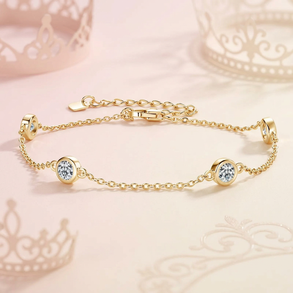 Sparkling Moissanite Bezel Station Chain Bracelet – 925 Sterling Silver Dainty Adjustable Heart Charm Wristlet