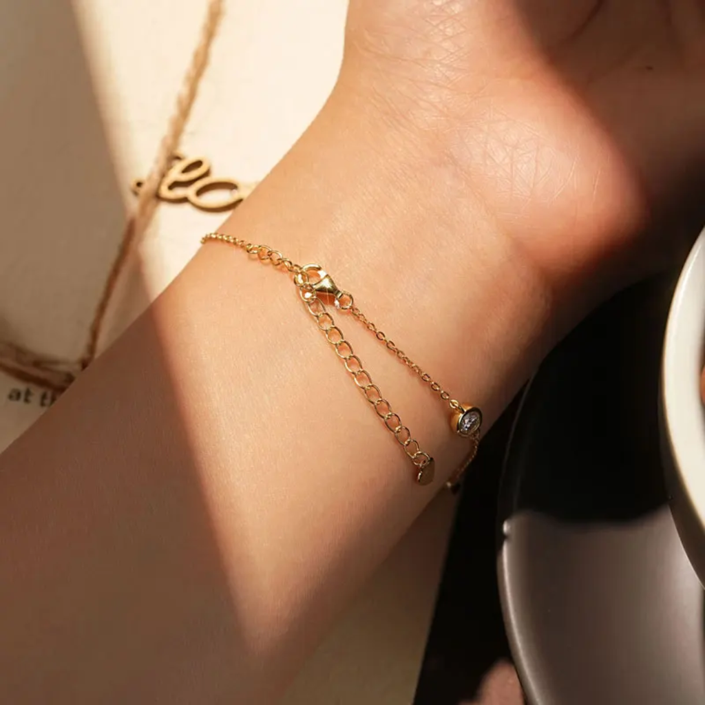 Sparkling Moissanite Bezel Station Chain Bracelet – 925 Sterling Silver Dainty Adjustable Heart Charm Wristlet